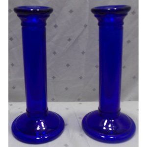 Pair of Cobalt Blue Art Blown Glass Candle Holders 7 1/4" Tall